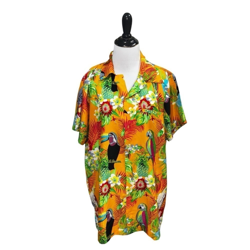 King Kameha Men's L Large Button Down Hawaiian Shirt Short Sleeves Floral Birds